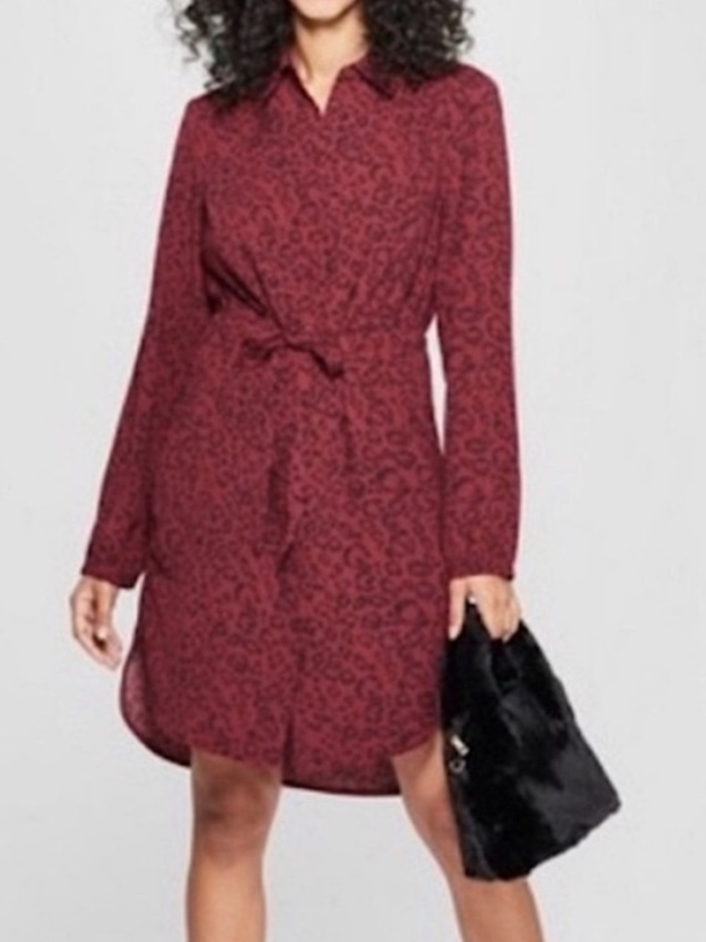 A New Day Maroon & Black Animal Print Button Up Tie Long Sleeve Cocktail Dress